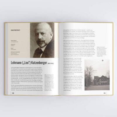 Buch Doppelseiten Design aus Vergessene Nachbarn: Kurzportrait des jüdischen Unternehmers Leo Katzenberger.